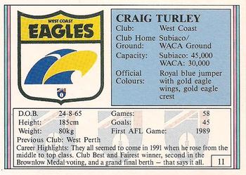 1992 AFL Regina #11 Craig Turley Back